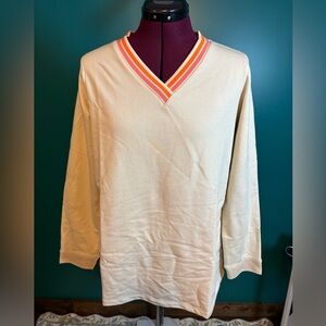 D & Co Active Cream V-Neck Sweater with Orange and Pink Trim